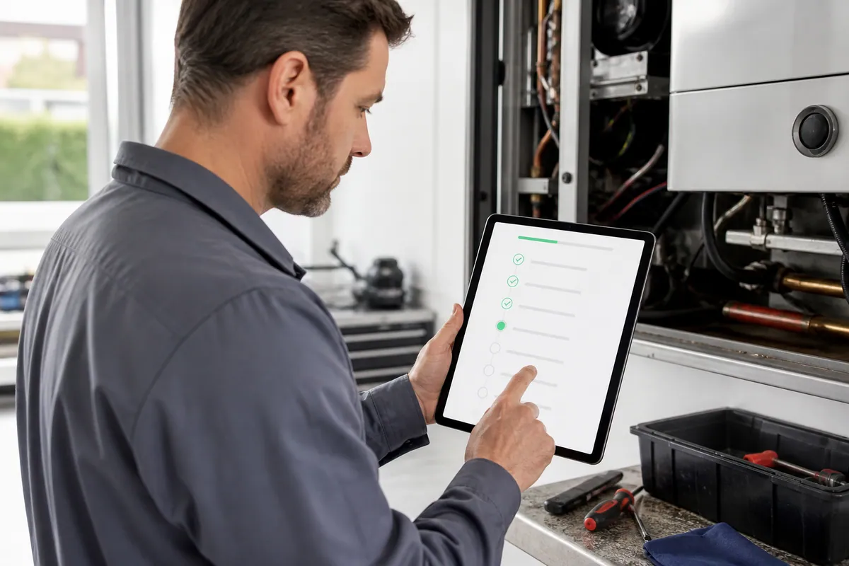 Sito di servizio illuminato: tecnico con tablet che mostra una checklist operativa di qualità