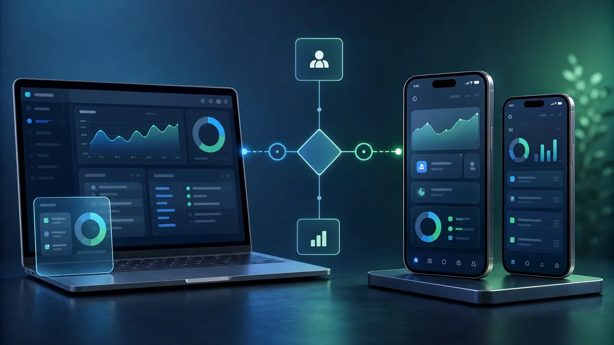 Concept illustration comparing a web dashboard and mobile app interfaces for business product decisions