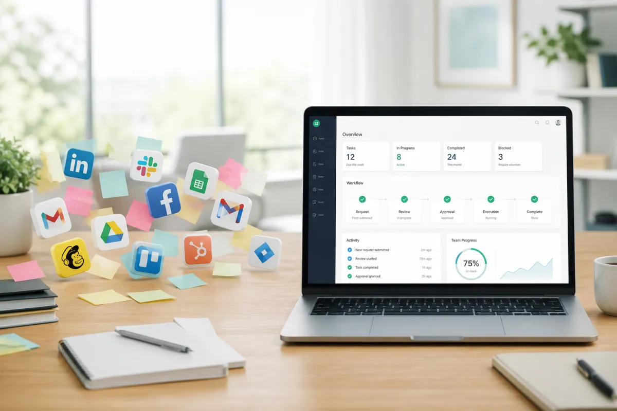 Lichte werkplek met verspreide SaaS-iconen tegenover een laptop met één uniform webapp-dashboard