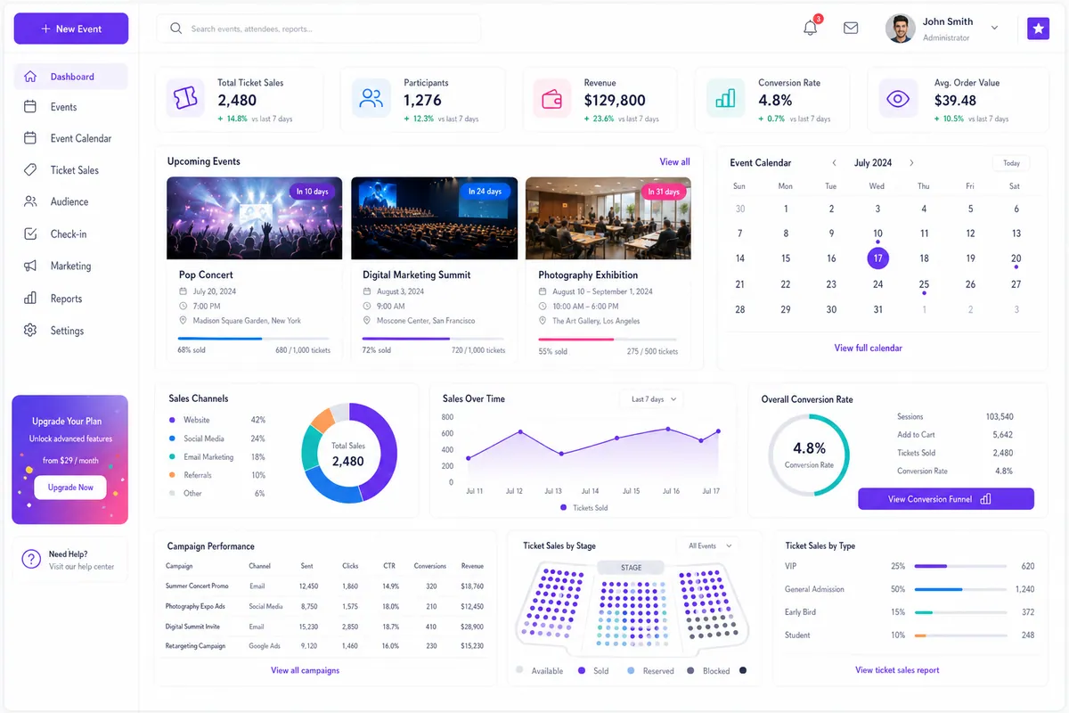 Event ticketing and attendance platform mockup