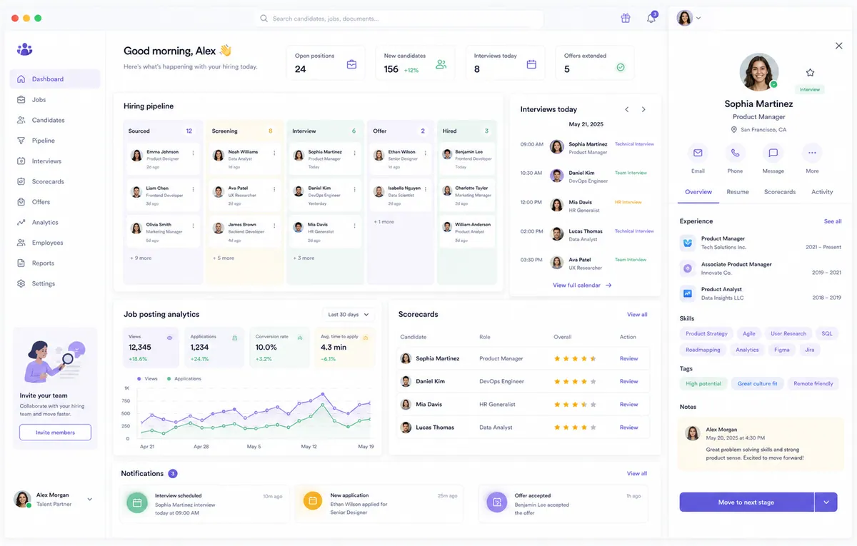 Hiring and candidate evaluation dashboard mockup