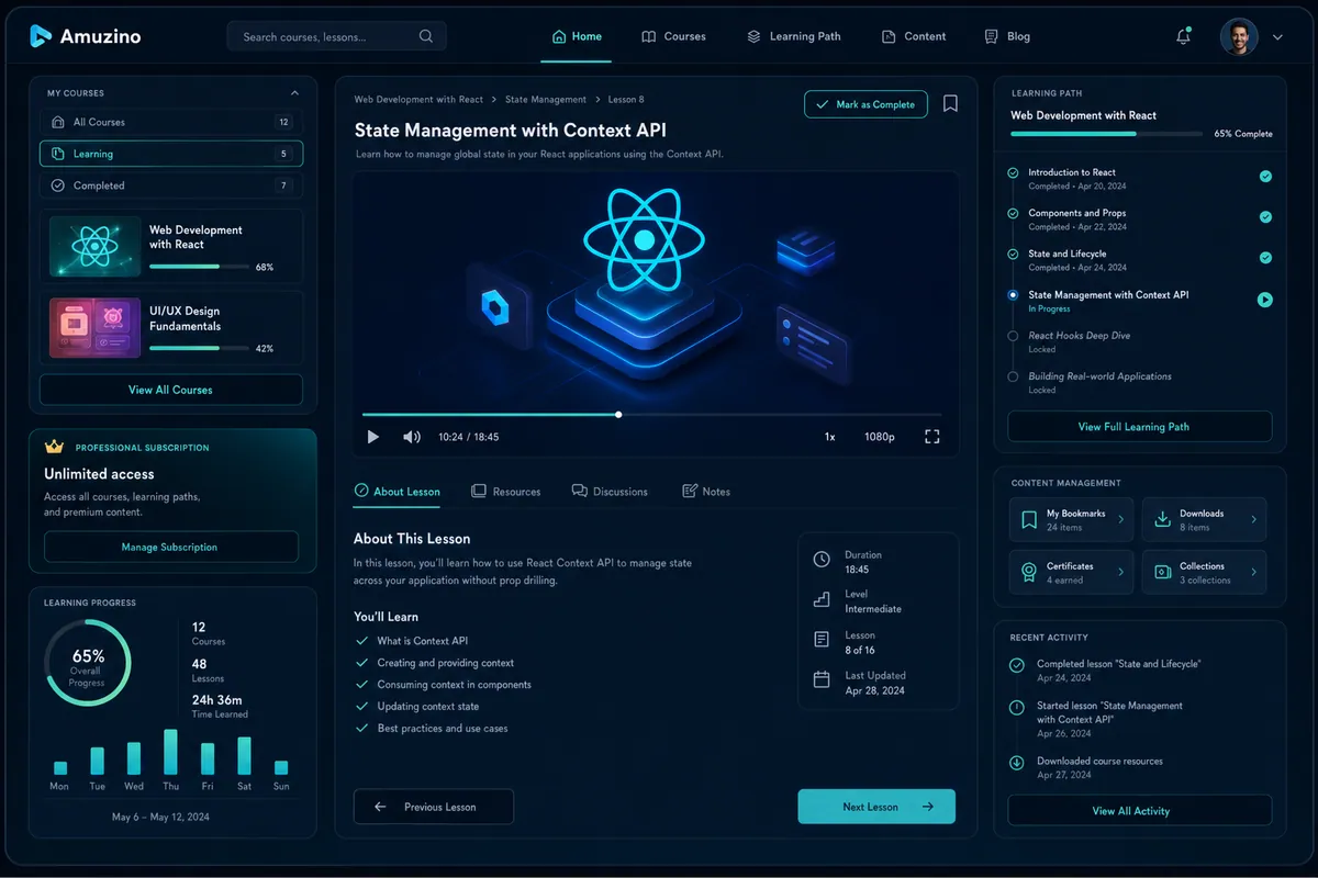 Online learning and progress platform mockup