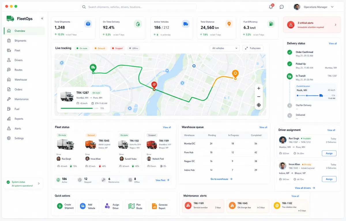 Logistics and fleet monitoring dashboard mockup