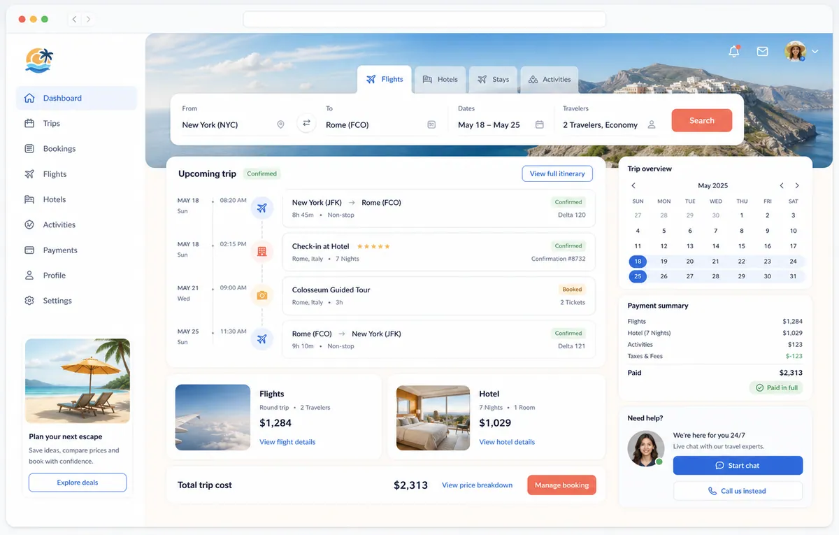 Travel booking and journey planning portal mockup